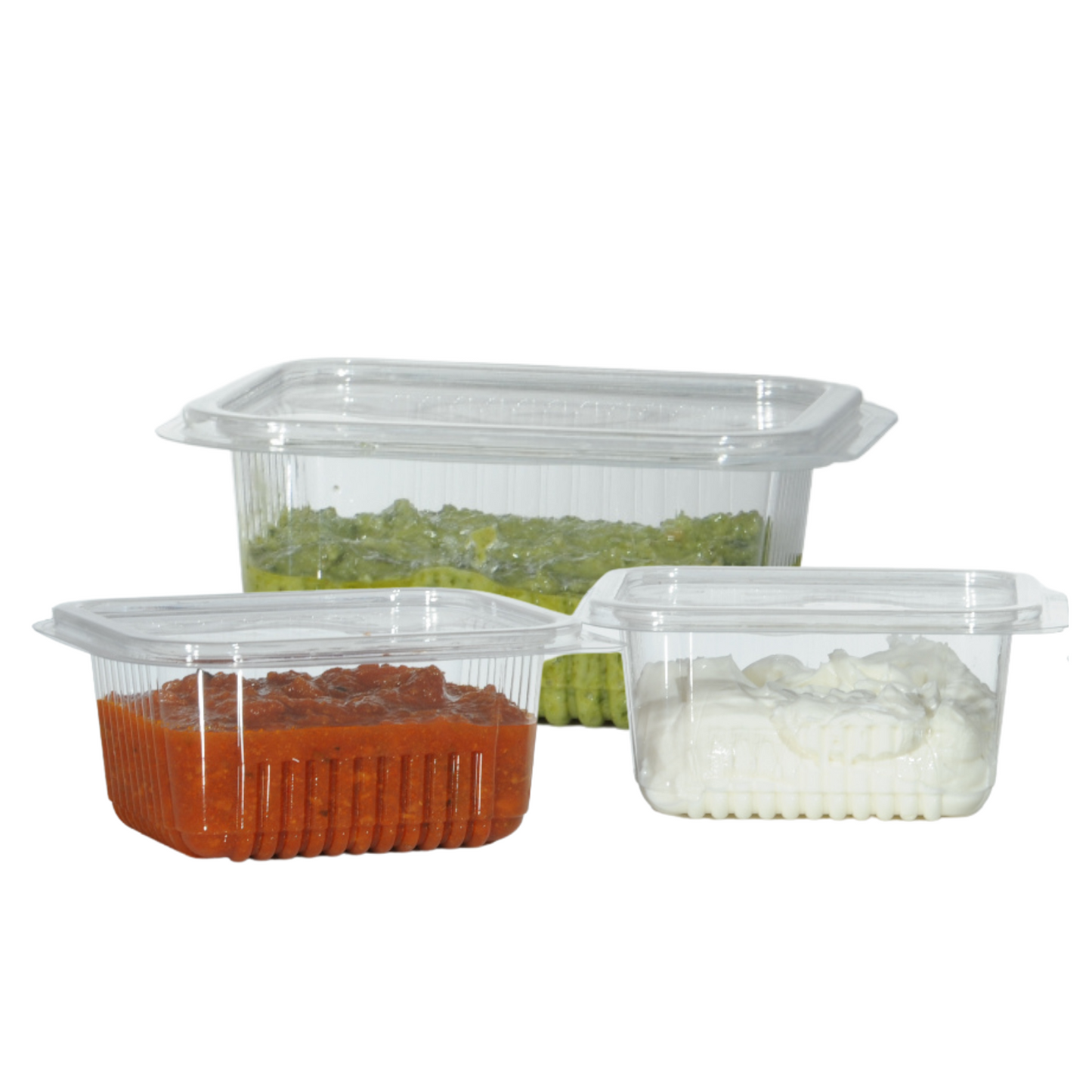 50pcs Bandejas de comida cuadradas transparentes con tapa abatible en PET