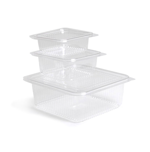 50pcs Bandejas de comida cuadradas transparentes con tapa abatible en PET